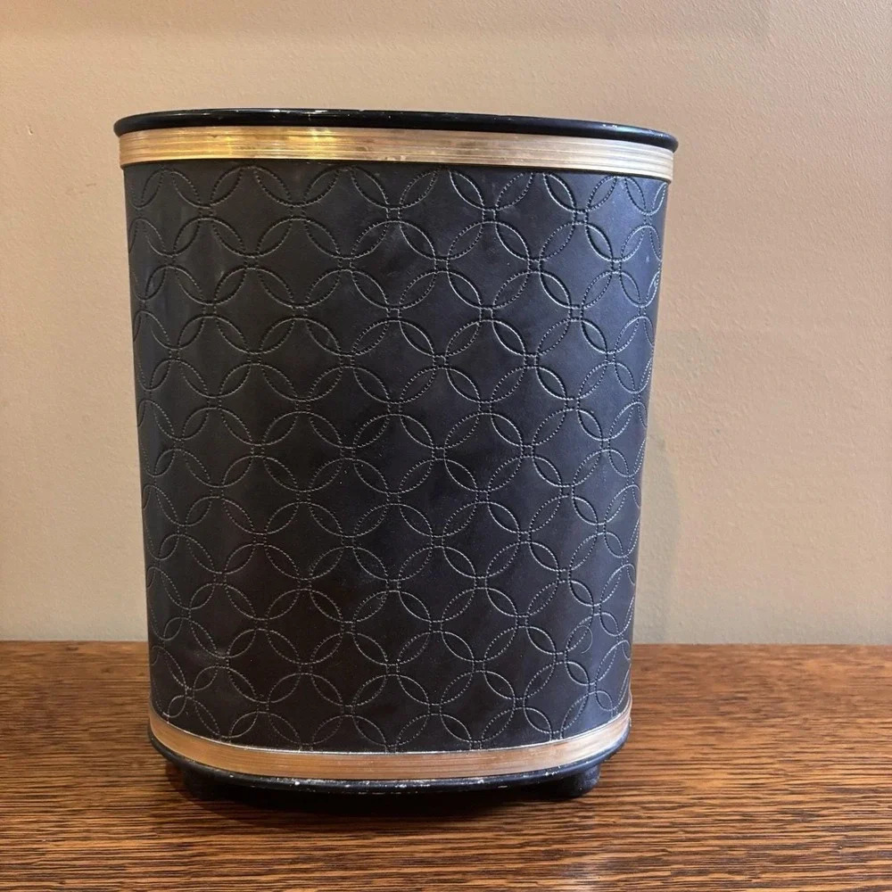 Vtg Mid Century Detecto Quilted Black Vinyl Waste Basket Trash Can Gold Trim 13
